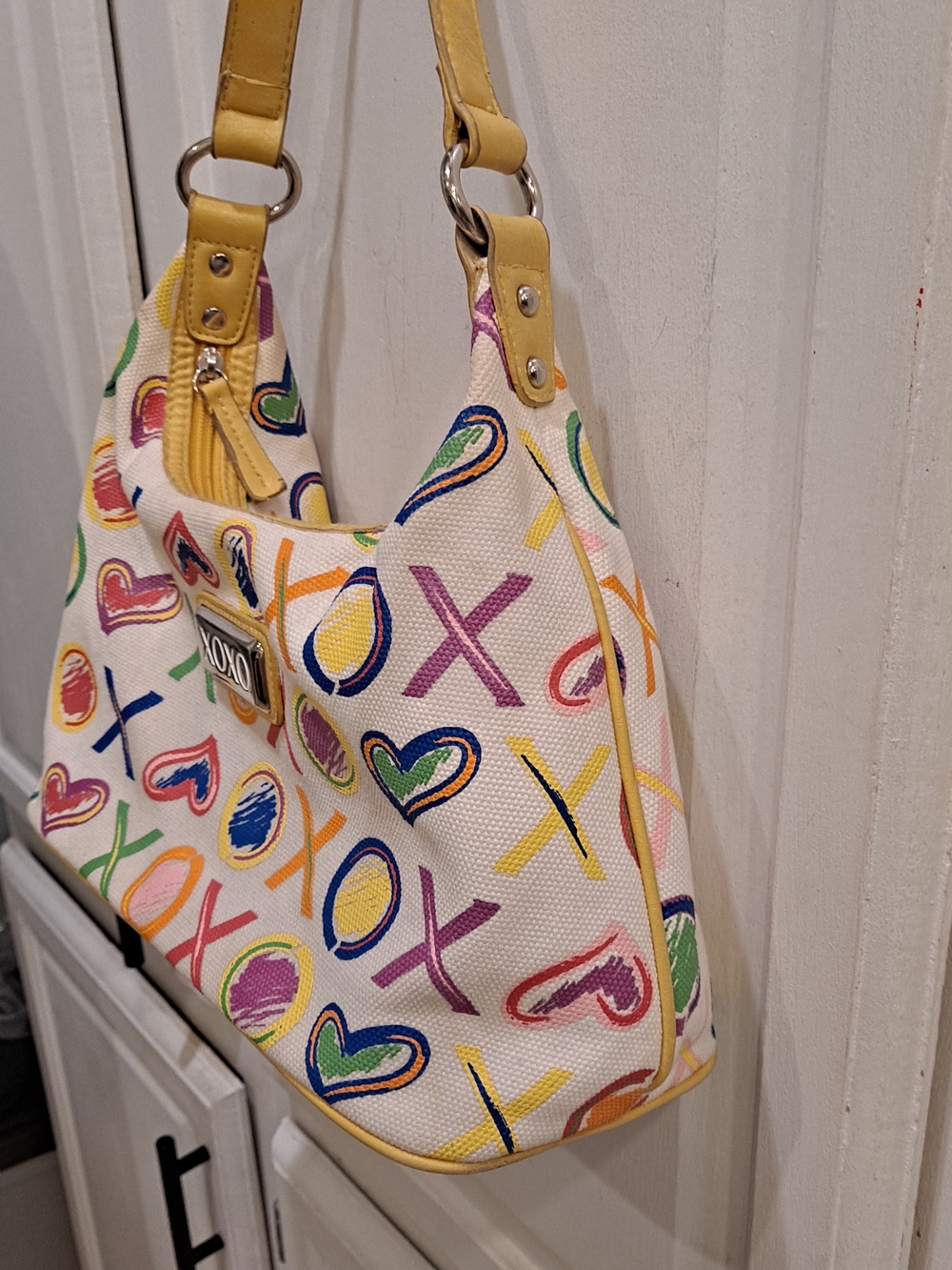 Y2K Vintage XOXO Multicolor Hearts XO Canvas Shoulder Bag Yellow Trim Grafitti - Picture 3 of 13